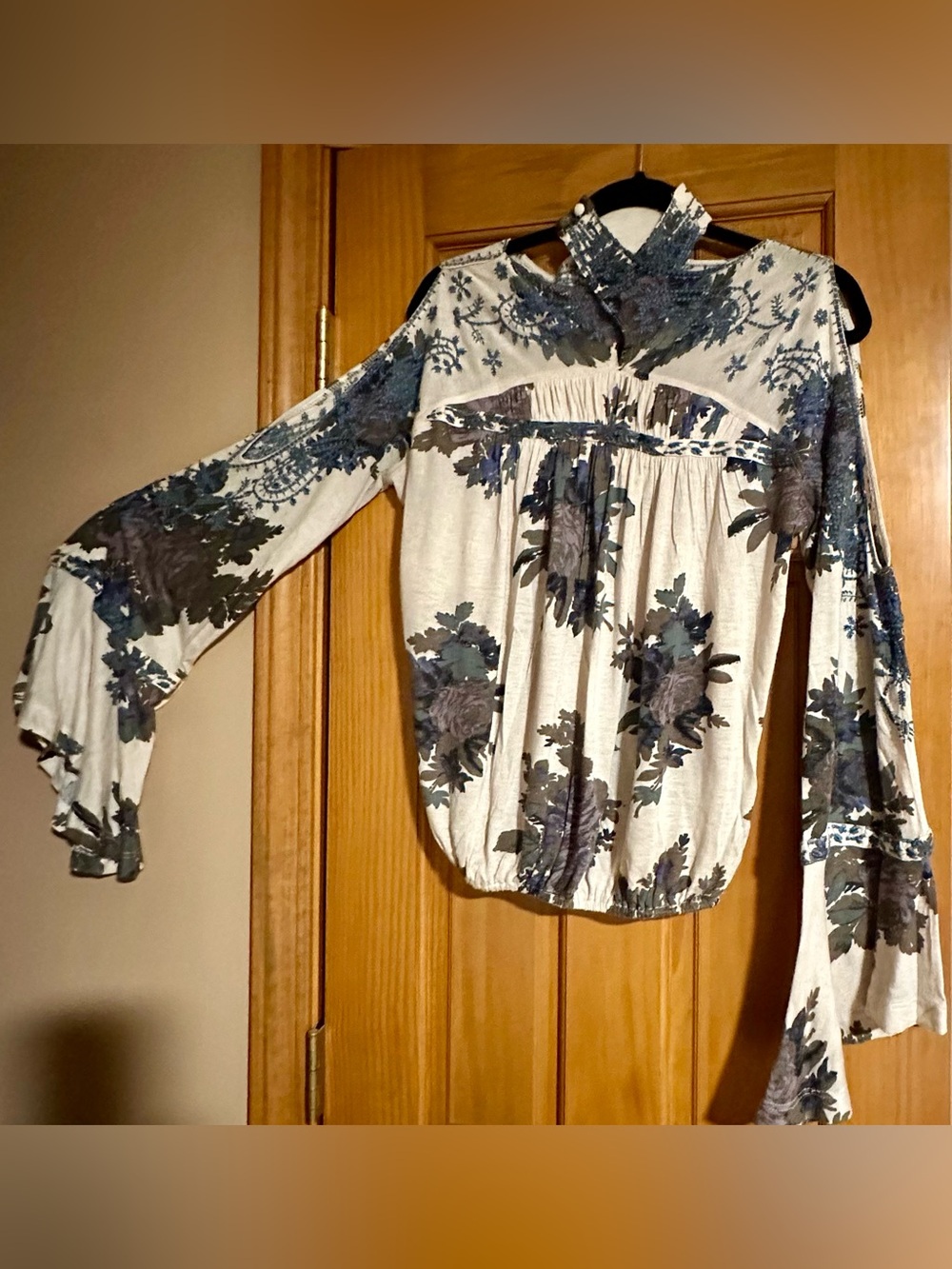 Free People Cream Blouse with Blue Floral Print and Cold-Shoulder Sleeves